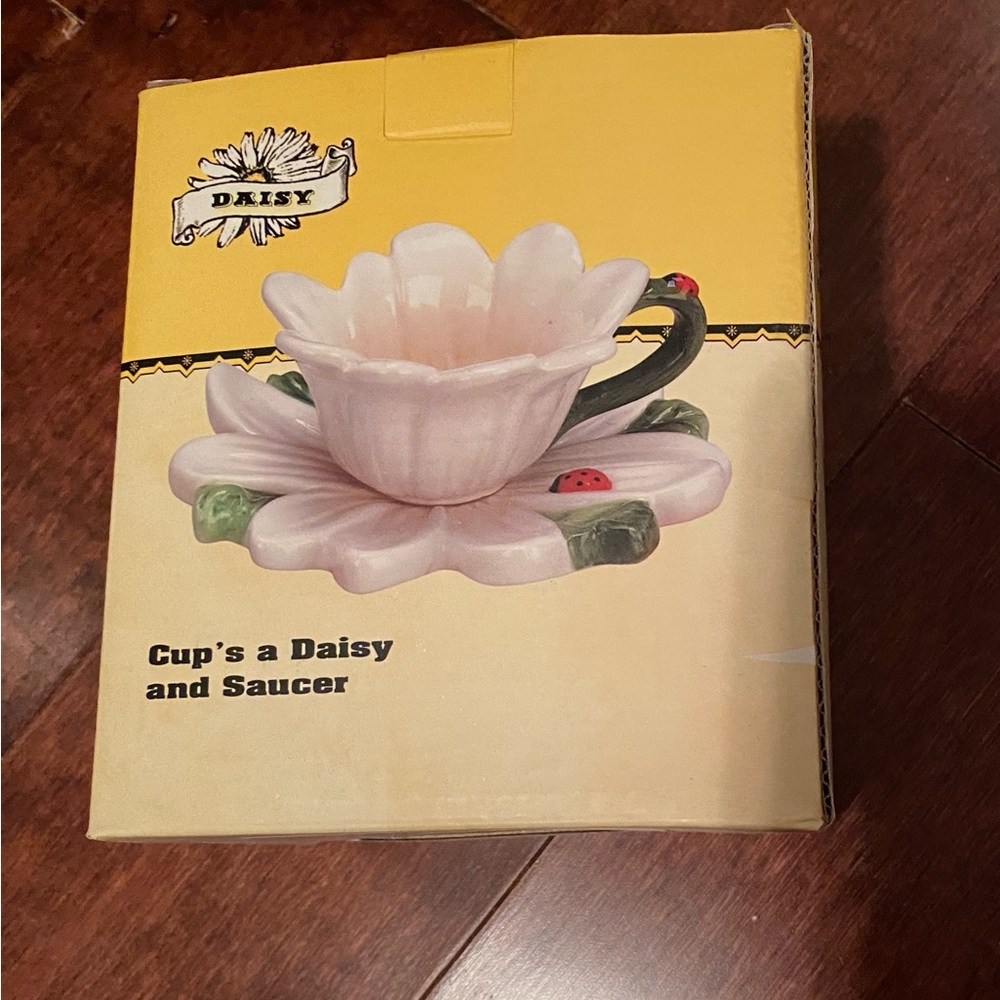 Daisy Floral Cup and Saucer with Ladybug Accents